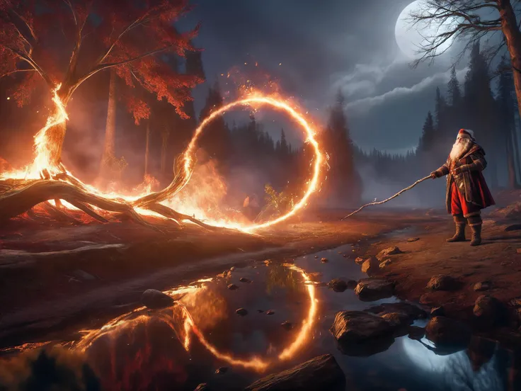 long shot scenic professional photograph of professional 3d model cinematic film still ethereal fantasy concept art of concept art breathtaking (Santa in foreground facing away from viewer, burning down a christmas tree, burnt dilapidated tree,walking away like an action hero from an explosion, candy-cane walking stick in hand), smoke in foreground, BREAK lighting, dark red shadows, bright yellow highlights, warm orange midtones, <lora:SDS_Particle_Flow:0.3> SDS_Particle_Flow <lora:add-detail-xl:0.8> <lora:xl-shanbailing-1003fire-000010:0.8> fire element, composed of fire elements, RAW candid cinema, 16mm, color graded portra 400 film, remarkable color, ultra realistic, textured skin, remarkable detailed pupils, realistic dull skin noise, visible skin detail, skin fuzz, dry skin, shot with cinematic camera, luminous reflections, rtx on, subsurface scattering, dynamic hdr tone mapping, volumetric lighting, screenspace reflection, Physically-Based Rendering . award-winning, professional, highly detailed . digital artwork, illustrative, painterly, matte painting, highly detailed . magnificent, celestial, ethereal, painterly, epic, majestic, magical, fantasy art, cover art, dreamy . shallow depth of field, vignette, highly detailed, high budget Hollywood , bokeh, cinemascope, moody, epic, gorgeous, film grain, grainy . octane render, highly detailed, volumetric, dramatic lighting, perfect viewpoint, highly detailed, wide-angle lens, hyper realistic, with dramatic sky, polarizing filter, natural lighting, vivid colors, everything in sharp focus, HDR, UHD, 64K