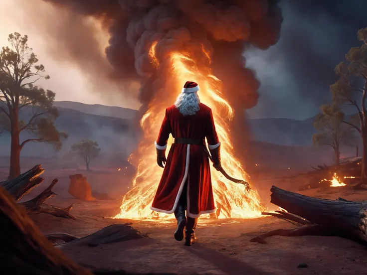 long shot scenic professional photograph of professional 3d model cinematic film still ethereal fantasy concept art of concept art breathtaking (Santa in foreground facing away from viewer, burning down a christmas tree, burnt dilapidated tree,walking away like an action hero from an explosion, candy-cane walking stick in hand), smoke in foreground, Australian outback, bushfire BREAK lighting, dark red shadows, bright yellow highlights, warm orange midtones, <lora:SDS_Particle_Flow:0.3> SDS_Particle_Flow <lora:add-detail-xl:0.8> <lora:xl-shanbailing-1003fire-000010:0.8> fire element, composed of fire elements, RAW candid cinema, 16mm, color graded portra 400 film, remarkable color, ultra realistic, textured skin, remarkable detailed pupils, realistic dull skin noise, visible skin detail, skin fuzz, dry skin, shot with cinematic camera, luminous reflections, rtx on, subsurface scattering, dynamic hdr tone mapping, volumetric lighting, screenspace reflection, Physically-Based Rendering . award-winning, professional, highly detailed . digital artwork, illustrative, painterly, matte painting, highly detailed . magnificent, celestial, ethereal, painterly, epic, majestic, magical, fantasy art, cover art, dreamy . shallow depth of field, vignette, highly detailed, high budget Hollywood , bokeh, cinemascope, moody, epic, gorgeous, film grain, grainy . octane render, highly detailed, volumetric, dramatic lighting, perfect viewpoint, highly detailed, wide-angle lens, hyper realistic, with dramatic sky, polarizing filter, natural lighting, vivid colors, everything in sharp focus, HDR, UHD, 64K