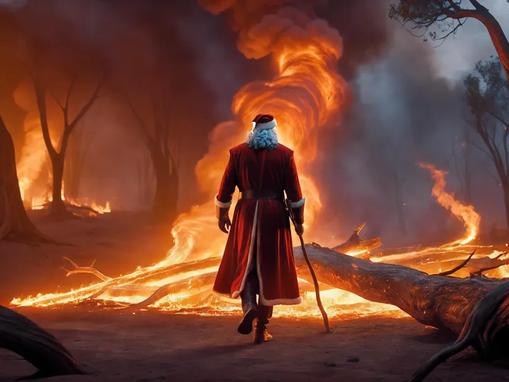 long shot scenic professional photograph of professional 3d model cinematic film still ethereal fantasy concept art of concept art breathtaking (Santa in foreground facing away from viewer, burning down a gumtree, burnt dilapidated tree,walking away like an action hero from an explosion, candy-cane walking stick in hand), smoke in foreground, Australian outback, bushfire BREAK lighting, dark red shadows, bright yellow highlights, warm orange midtones, dark orange smoke highlights extreme quality volumetric lighting, <lora:SDS_Particle_Flow:0.3> SDS_Particle_Flow <lora:add-detail-xl:0.8> <lora:xl-shanbailing-1003fire-000010:0.8> fire element, composed of fire elements, RAW candid cinema, 16mm, color graded portra 400 film, remarkable color, ultra realistic, textured skin, remarkable detailed pupils, realistic dull skin noise, visible skin detail, skin fuzz, dry skin, shot with cinematic camera, luminous reflections, rtx on, subsurface scattering, dynamic hdr tone mapping, volumetric lighting, screenspace reflection, Physically-Based Rendering . award-winning, professional, highly detailed . digital artwork, illustrative, painterly, matte painting, highly detailed . magnificent, celestial, ethereal, painterly, epic, majestic, magical, fantasy art, cover art, dreamy . shallow depth of field, vignette, highly detailed, high budget Hollywood , bokeh, cinemascope, moody, epic, gorgeous, film grain, grainy . octane render, highly detailed, volumetric, dramatic lighting, perfect viewpoint, highly detailed, wide-angle lens, hyper realistic, with dramatic sky, polarizing filter, natural lighting, vivid colors, everything in sharp focus, HDR, UHD, 64K