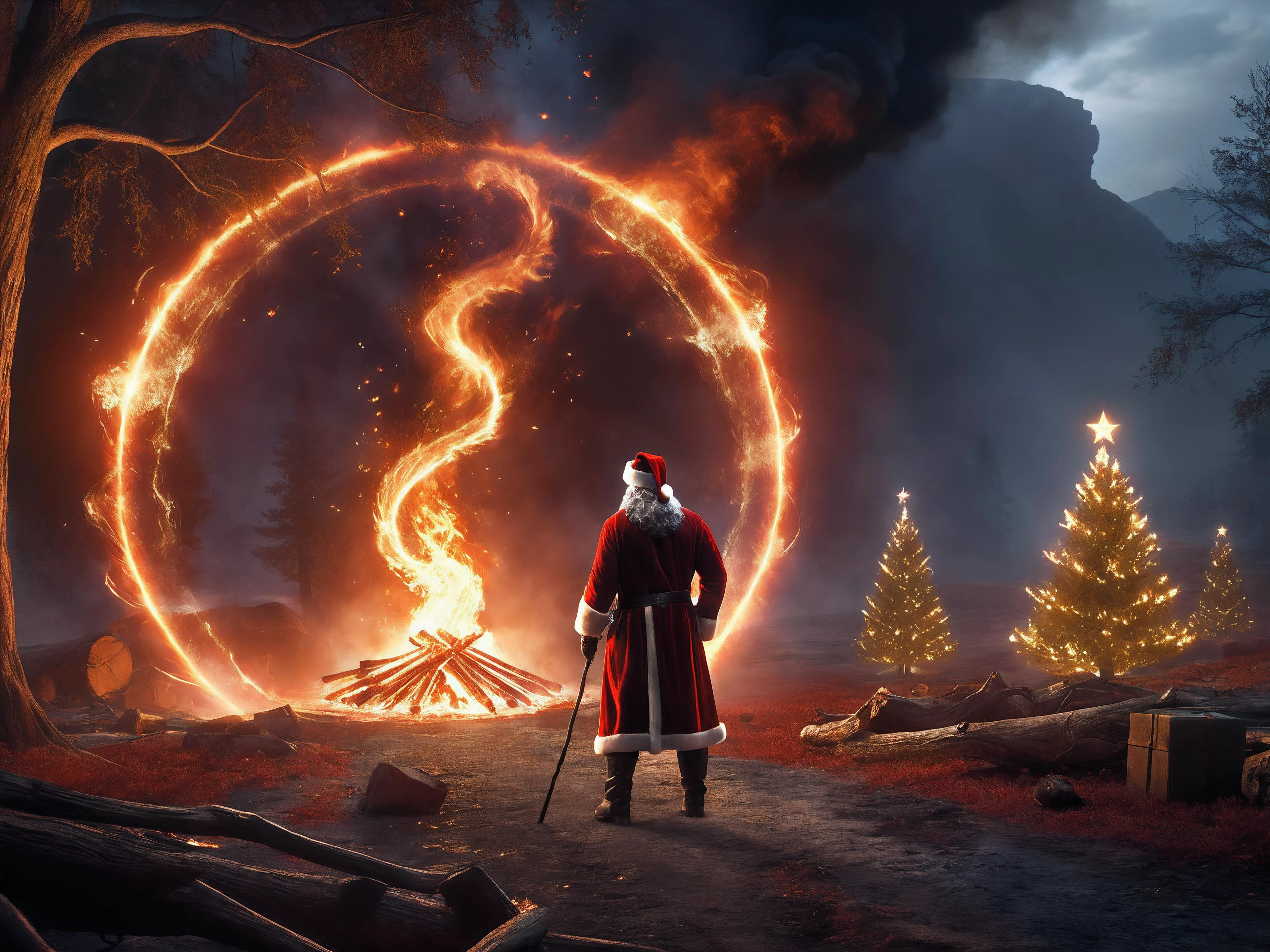 long shot scenic professional photograph of professional 3d model cinematic film still ethereal fantasy concept art of concept art breathtaking (Santa in foreground facing away from viewer, burning down a christmas tree, burnt dilapidated tree,walking away like an action hero from an explosion, candy-cane walking stick in hand), smoke in foreground, BREAK lighting, dark red shadows, bright yellow highlights, warm orange midtones, <lora:SDS_Particle_Flow:0.3> SDS_Particle_Flow <lora:add-detail-xl:0.8> <lora:xl-shanbailing-1003fire-000010:0.8> fire element, composed of fire elements, RAW candid cinema, 16mm, color graded portra 400 film, remarkable color, ultra realistic, textured skin, remarkable detailed pupils, realistic dull skin noise, visible skin detail, skin fuzz, dry skin, shot with cinematic camera, luminous reflections, rtx on, subsurface scattering, dynamic hdr tone mapping, volumetric lighting, screenspace reflection, Physically-Based Rendering . award-winning, professional, highly detailed . digital artwork, illustrative, painterly, matte painting, highly detailed . magnificent, celestial, ethereal, painterly, epic, majestic, magical, fantasy art, cover art, dreamy . shallow depth of field, vignette, highly detailed, high budget Hollywood movie, bokeh, cinemascope, moody, epic, gorgeous, film grain, grainy . octane render, highly detailed, volumetric, dramatic lighting, perfect viewpoint, highly detailed, wide-angle lens, hyper realistic, with dramatic sky, polarizing filter, natural lighting, vivid colors, everything in sharp focus, HDR, UHD, 64K