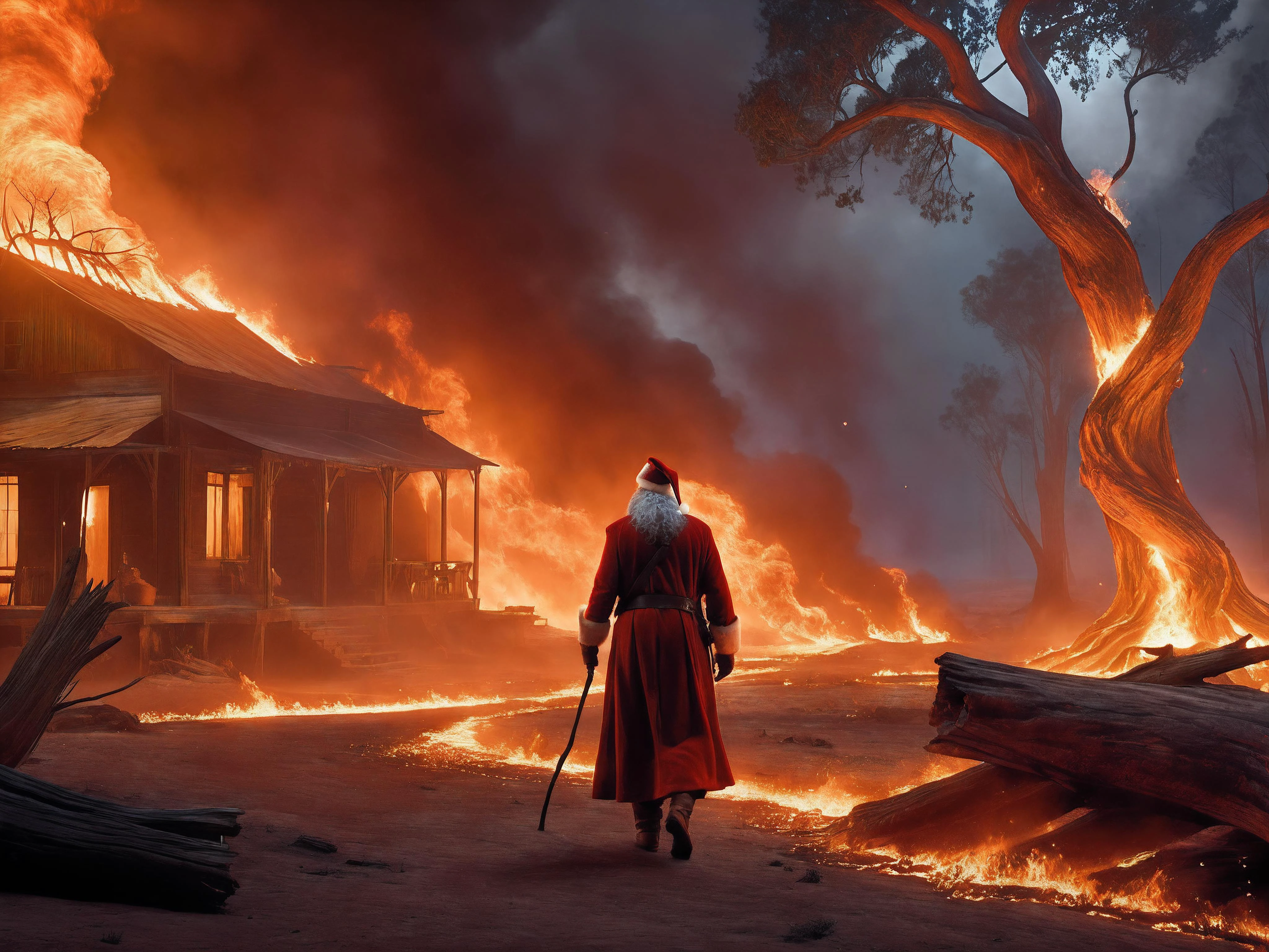 long shot scenic professional photograph of professional 3d model cinematic film still ethereal fantasy concept art of concept art breathtaking (Santa in foreground facing away from viewer, burning down a gumtree, burnt dilapidated tree,walking away like an action hero from an explosion, candy-cane walking stick in hand), smoke in foreground, Australian outback, bushfire BREAK lighting, dark red shadows, bright yellow highlights, warm orange midtones, dark orange smoke highlights extreme quality volumetric lighting, <lora:SDS_Particle_Flow:0.3> SDS_Particle_Flow <lora:add-detail-xl:0.8> <lora:xl-shanbailing-1003fire-000010:0.8> fire element, composed of fire elements, RAW candid cinema, 16mm, color graded portra 400 film, remarkable color, ultra realistic, textured skin, remarkable detailed pupils, realistic dull skin noise, visible skin detail, skin fuzz, dry skin, shot with cinematic camera, luminous reflections, rtx on, subsurface scattering, dynamic hdr tone mapping, volumetric lighting, screenspace reflection, Physically-Based Rendering . award-winning, professional, highly detailed . digital artwork, illustrative, painterly, matte painting, highly detailed . magnificent, celestial, ethereal, painterly, epic, majestic, magical, fantasy art, cover art, dreamy . shallow depth of field, vignette, highly detailed, high budget Hollywood movie, bokeh, cinemascope, moody, epic, gorgeous, film grain, grainy . octane render, highly detailed, volumetric, dramatic lighting, perfect viewpoint, highly detailed, wide-angle lens, hyper realistic, with dramatic sky, polarizing filter, natural lighting, vivid colors, everything in sharp focus, HDR, UHD, 64K