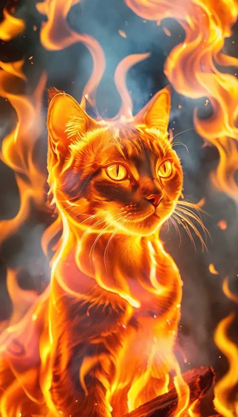 (Masterpiece, high quality, best quality, official art, beauty and aesthetics:1.2),(fire element:1.1),composed of fire elements,<lora:xl-shanbailing-1003fire-000010:0.8>,burning,(cat:1.2),fire,molten rock,flame skin,flame print,fiery hair,smoke,cloud,(1girl:1.2),