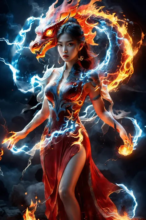 best fantasy style, masterpiece, best quality, RAW, realistic, beautiful face,1girl, asian girl,
<lora:xl_shanbailing_0927lightning-000010:0.8>,composed of elements of thunder,thunder,electricity,girl made of light,fire breathing girl,stylish_pose,halo,colorful light, medival witch,carrying clear glass ball , red long dress, highly detailed face, dragon pattern clothes,
<lora:xl-shanbailing-1003fire:0.5> fire element, composed of fire elements, thunder elements dress, spiral thunder,
moon and star , wild background, <lora:Haute_CoutureXL:0.8> DTstyle ,<lora:xl_more_art-full_v1:0.8>