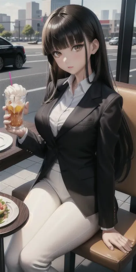 masterpiece, ultra detailed, high quality, 1girl, suit clothing, bright brown eyes, black blazer, white shirt, black long hair, bangs, black  trouser, she's sitting at a restaurant table at the sidewalk, eating lunch, plate, soda glass, she's looking away, scenery, urban scenery, cars, detailed scenery, beautiful background, shiny skin, high noon lighting, vivid colors, side view