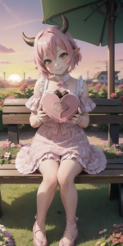 A cute girl with short pink hair, cow ears and horns, giving out a box of heart shape chocolate (box)
smiling, anime, colorfull colors,
flowergarden, sunset, sitting on bench,