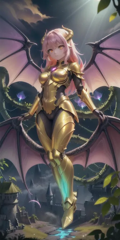 (colorful:1.2), 1girl, golden armor, glowing eyes, castle scenery, clouds, colossal girl, strong ambient lighting, sunbeam, (from above:1.3), (matching wings), dragon wings, overgrown, vines, bioluminescence, depth of field, noontime, full body,