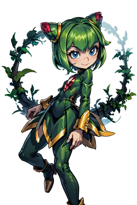 (((sfw))), <lora:cosmo:1>, sthcosmo, seedrian, blue eyes, cone hair bun, green hair, short hair, green dress, red gemstone, smile, city background, green leggings,