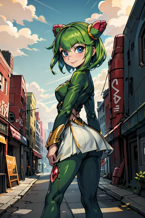 (((sfw))), <lora:cosmo:1> 1girl, sthcosmo, seedrian, blue eyes, cone hair bun, green hair, short hair, green dress, red gemstone, smile, city background, green leggings,