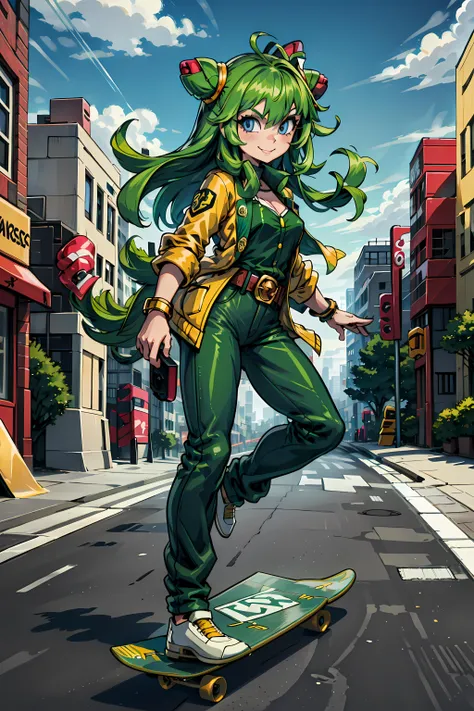 (((sfw))), <lora:cosmo:1>, 1girl, sthcosmo, seedrian, blue eyes, cone hair bun, green hair, long hair, smile, (city background), green pants,, green shirt, yellow jacket, open jacket, gold bracelets, gold kneepads, (((Skateboarding))), silver belt, red gemstone belt buckle,