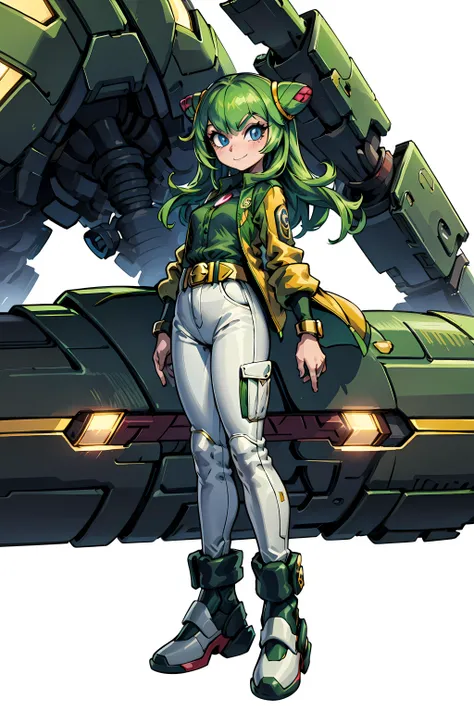 (((sfw))), <lora:cosmo:1>, 1girl, sthcosmo, seedrian, blue eyes, cone hair bun, green hair, long hair, smile, (((futuristic city background))), green pants,, green shirt, yellow jacket, open jacket, gold bracelets, gold kneepads, holding hover board, silver belt, red gemstone belt buckle,