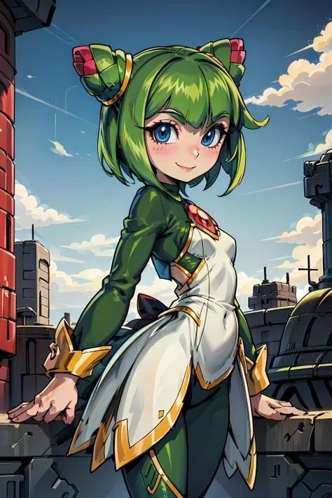 (((sfw))), <lora:cosmo:1> 1girl, sthcosmo, seedrian, blue eyes, cone hair bun, green hair, short hair, green dress, red gemstone, smile, city background, green leggings,