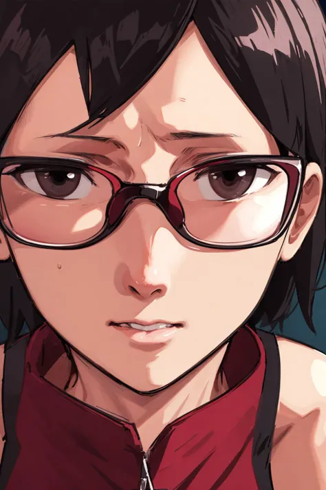 masterpiece, best quality, 1girl, looking at viewer, close up face, hollow eyes,
uchiha sarada, bare shoulders, black eyes, black hair, red framed glasses, short hair, <lora:my_UchihaSarada_v2:0.5>
agnizzm, <lora:Agniface-000024:0.5>
