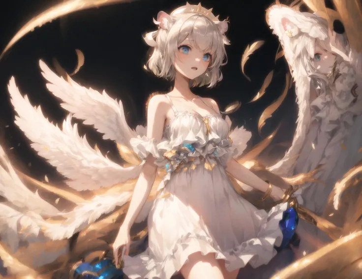 masterpiece, extremely magnificent view, extremely best quality, extremely detailed CG, high resolution, highly detailed face, highly detailed eyes,perfect anatomy,super detailed skin, Holy Light, floating hair, standing, solo focus, depth of field, shaded face, beautiful,cute girl,young girl,an extremely detailed and delicate,extremely fine and beautiful,beautiful and clear background, <lora:vr-hoshimi:0.7>,vr-hoshimi,dress,Shining, large Breasts, Queen, (Descending), (Light Beams), broken glass, scattered light, elegance, beauty, wavy clothes, sheer clothes, pink toga, cleavage, ((angel:1.4)), (angel wings), detailed wings, feathers
