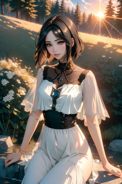 KM_lori, studio 3D Rendering, fairy tale, medium shot of a dark white ("The stoning of Saint Stephen":1.3) , it is very Literal and Infected, spring background, dense grass and forest, at Sunset, horizon-centered, (expressionism art by Isaac Grünewald:0.9) , Disgusting, Knightcore, soft lighting, Selective focus, Cathode tube, bloom, behance, most beautiful artwork in the world, Unsplash, celestial