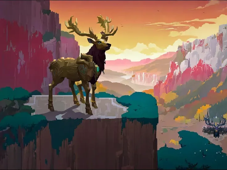 masterpiece, red cliff overlook, majestic giant stag in the background, golden hour autumn, very intricate and detailed, matte painting, aerial shot, volumetric light, godrays, colors reflect, top down pixel art, video game level design, <lora:HyLidR_LoRa:0.8>