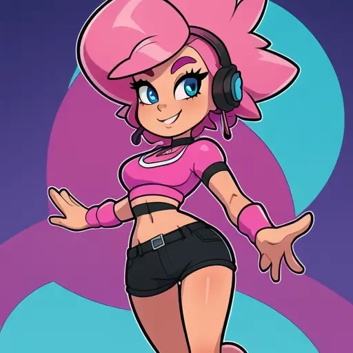 masterpiece, best quality, solo, 1girl, high resolution, full body, perfect body, perfect face, great detail, depth of field, , smile, cartoon, cartoony, stylized, cartoonish, sexy, Pink hair, spikey hair, blue eyes, crop top, headphones, concert background, singer, rockstar, popstar, Skinny jeans