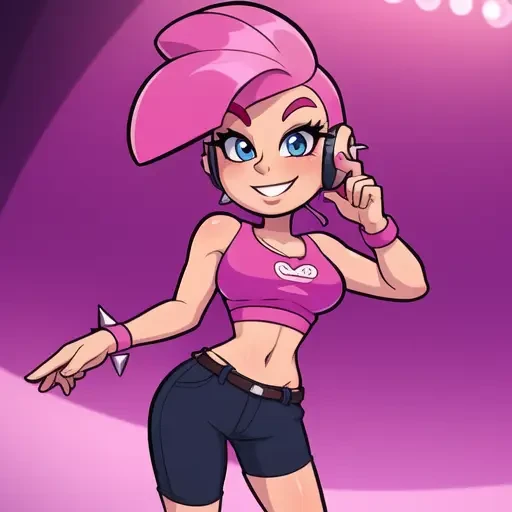 masterpiece, best quality, solo, 1girl, high resolution, full body, perfect body, perfect face, great detail, depth of field, , smile, cartoon, cartoony, stylized, cartoonish, sexy, Pink hair, spikey hair, blue eyes, crop top, headphones, concert background, singer, rockstar, popstar, Skinny jeans,