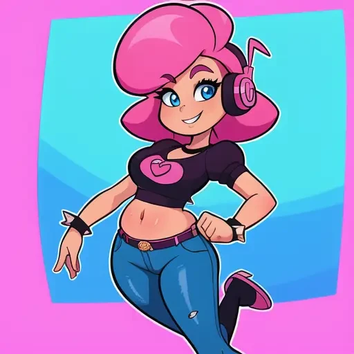 masterpiece, best quality, solo, 1girl, high resolution, full body, perfect body, perfect face, great detail, depth of field, , smile, cartoon, cartoony, stylized, cartoonish, sexy, Pink hair, spikey hair, blue eyes, crop top, headphones, concert background, singer, rockstar, popstar, Skinny jeans, chubby