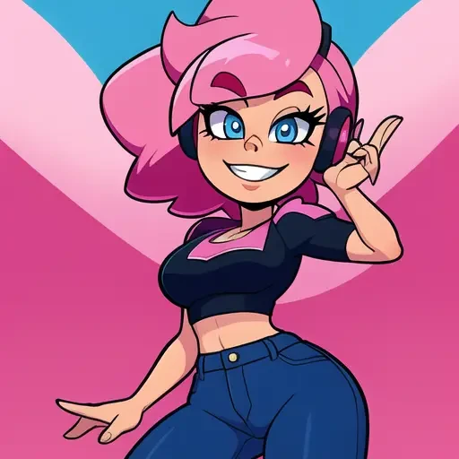 masterpiece, best quality, solo, 1girl, high resolution, full body, perfect body, perfect face, great detail, depth of field, , smile, cartoon, cartoony, stylized, cartoonish, sexy, Pink hair, spikey hair, blue eyes, crop top, headphones, concert background, singer, rockstar, popstar, Skinny jeans,