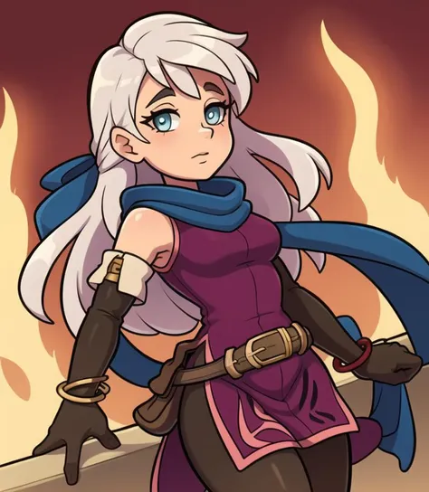 <lora:fireemblem_micaiah-10:1>, micaiah (fire emblem), hair ribbon, sleeveless dress, pantyhose, elbow gloves, jewelry, bracelet, scarf, belt, white hair, (her eyes lit up)