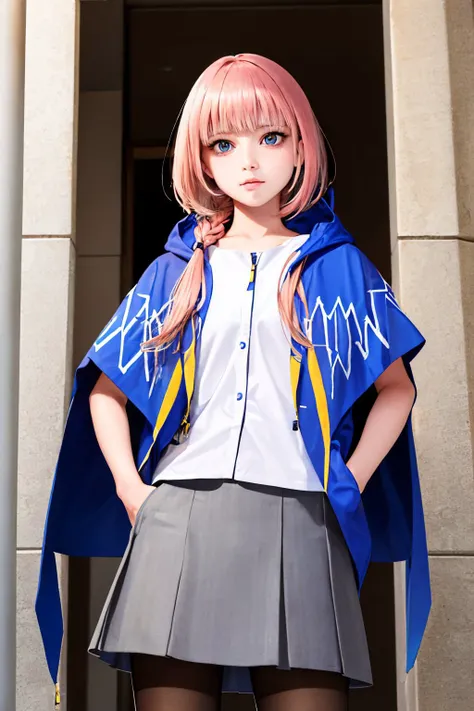 (masterpiece, best quality:1.2), <lyco:kamitsubaki_kaf-10:1.0>, cowboy shot, solo, 1girl, vtkaf, expressionless, looking at viewer, hands in pockets, braid, yellow pupils, jacket, hood down, hooded capelet, skirt, pantyhose