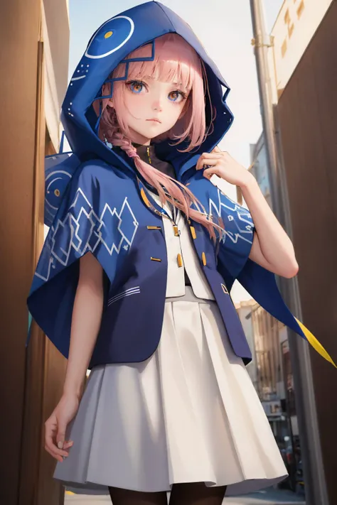 (masterpiece, best quality:1.2), <lyco:kamitsubaki_kaf-10:1.0>, cowboy shot, solo, 1girl, vtkaf, expressionless, looking at viewer, braid, yellow pupils, jacket, hood up, hooded capelet, skirt, pantyhose