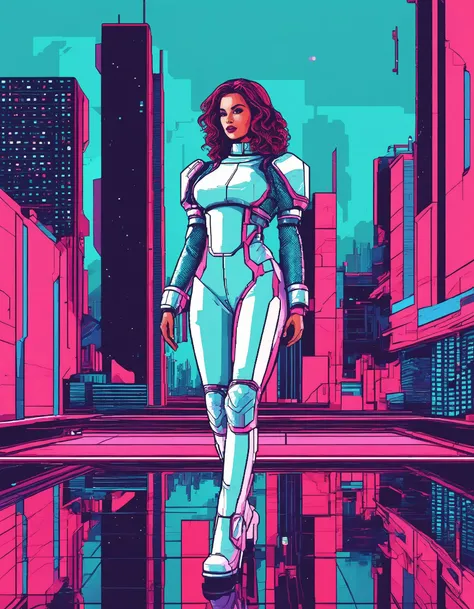 Retro-futuristic sci-fi scene, CalypsoMuseXL as an 8-bit animation style, reminiscent of pixel art, Futuristic clothing, dynamic pose, pixelated backdrop, visually striking portrayal <lora:CalypsoMuseXL:1>