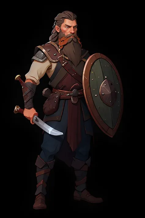 Impasto,digital art, viking, beard, braid, grey tabard, holding sword in hand, shield, full body <lora:sxz-concept:0.8>,white_background,