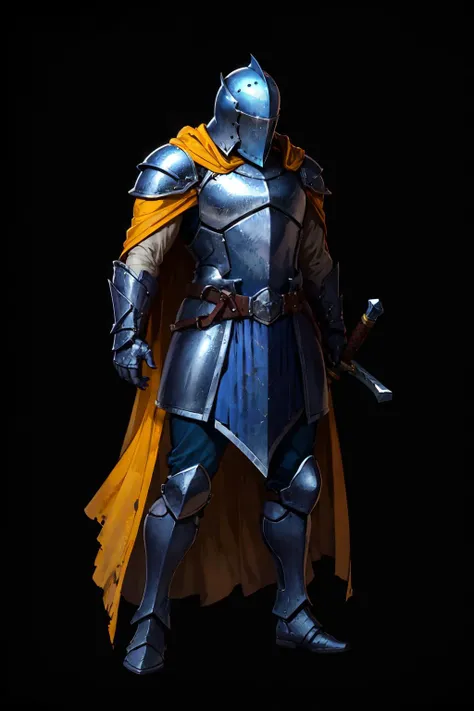 knight, silver armor, helmet, sword, belt, yellow cape, full body <lora:sxz-concept:0.7>