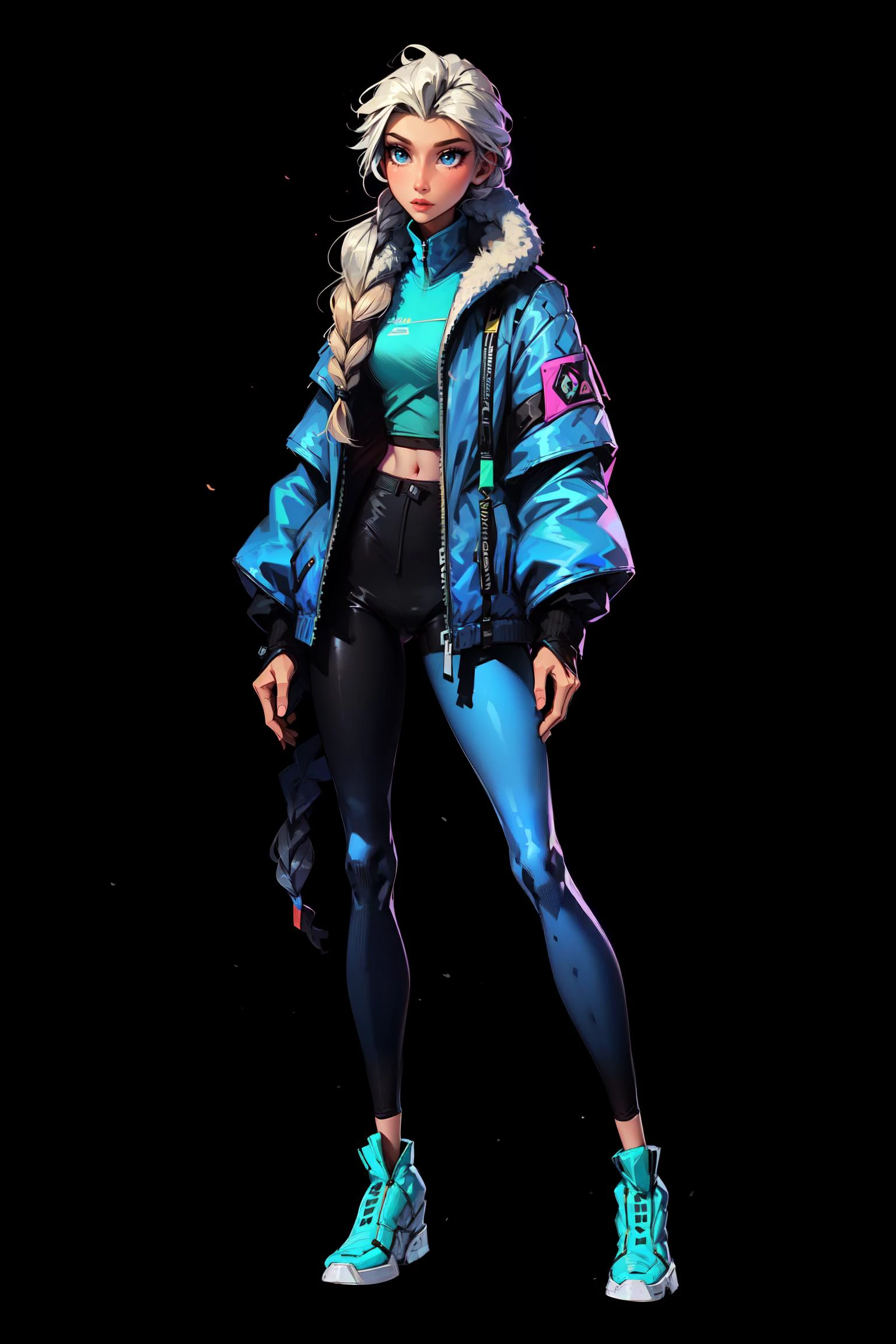 full body, 1 girl, elsa frozen, slim waist, slim legs, extremely skinny body, long one braid hair, striped frost leggins, techwear blue jacket