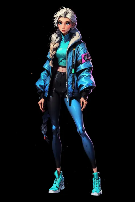 full body, 1 girl, elsa frozen, slim waist, slim legs, extremely skinny body, long one braid hair, striped frost leggins, techwear blue jacket