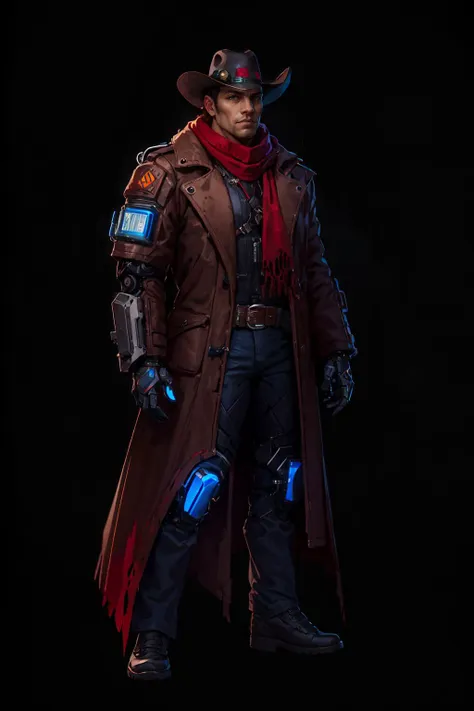 cyberpunk cowboy, mechanical arm, hat, multiple belts, dark long coat, red scarf, full body <lora:sxz-concept:0.7>