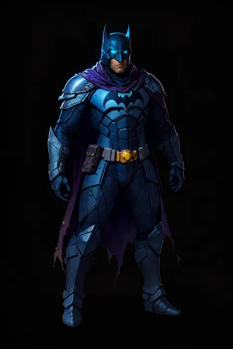 batman, cowl, mask, glowing eyes, torn cape, futuristic armor, full body, simple background, black background <lora:sxz-concept:0.7>