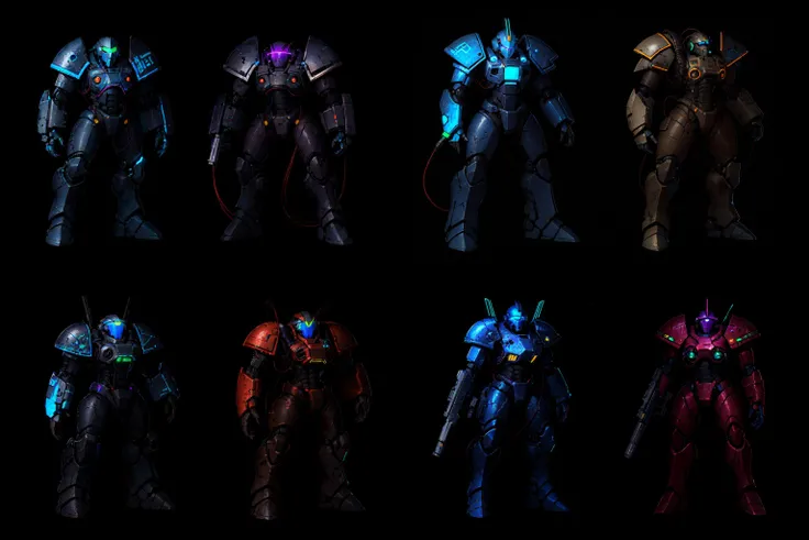 robot, power armor, mecha, holding gun, wires, cables, glowing visor, led elements, full body, multiple views, concept art, simple background, black background,   <lora:sxz-concept:0.7>