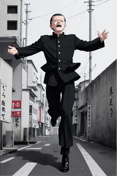 <lora:0013Akitano:0.8>,kitano,white_skin,black gakuran,run toward here,spread one's hands wide,