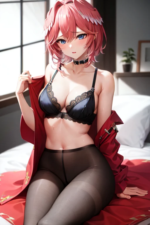 masterpiece, best quality, absurdres, perfect antomy, 1girl, solo, takane lui, indoors, on bed, underwear only, black bra, pantyhose, medium breasts, blue eyes, collarbone, bare arms, thighs, wide hips