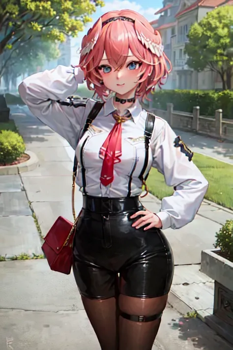 masterpiece, best quality, absurdres, perfect antomy, 1girl, solo, hip focus, takane lui, outdoors, street, smile, blush, hand on hips, white shirt, hairband, choker, red tie, black shorts, pantyhose, medium breasts, blue eyes