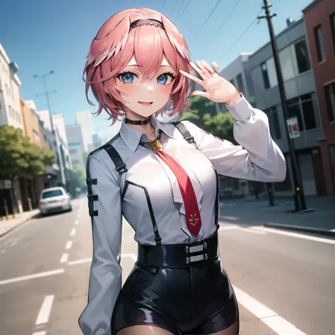 2d, masterpiece, best quality, anime, highly detailed face, highly detailed eyes, highly detailed background, perfect lighting, cowboy shot, 1girl, solo, takane lui, outdoors, street, smile, mouth open, waving, standing, white shirt, hairband, choker, red tie, black shorts, pantyhose, medium breasts, blue eyes <lora:takane lui:0.7>