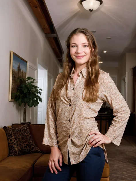 photograph of (corporate portrait:1.3) of <lora:aurora_snowv2:0.8>standing 22-year-old aurora_snow woman, (natural smile), she is wearing a long-designer-shirt, opulent living room , fashion-shoot , olan mills photograph