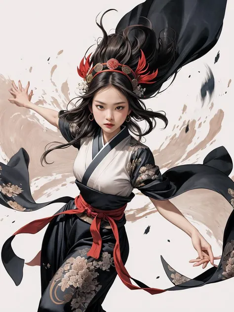 monochrome, ink sketch, 1girl, asian (young woman), (extremely long messy hair), fighting stance, looking at view, floating hair, hanfu, chinese clothes, long sleeves, (abstract ink splash:1.2), white background, monochrome ink sketch, (flat chest:1.4), breasts exposed. (dynamic combat pose:1.3), <lora:zyd232_ChineseInkStyle_v1_0:1>, zydink, flowing brushstrokes,