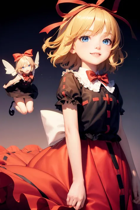 masterpiece, best quality, <lora:medicine:1>, (su-san:1),wings,1girl,smile, blonde hair, short hair,ribbon,blue eyes,black shirt,red skirt,bow,grey background,