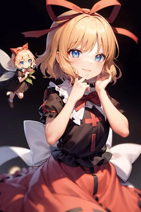 masterpiece, best quality, <lora:medicine:1>,su-san, blonde hair, blue eyes, bow, short sleeves, skirt, puffy short sleeves, wings, puffy sleeves, 1girl, smile, short hair, ribbon, looking at viewer, red bow, bowtie, shirt, white background, hair ribbon, red bowtie, simple background, ribbon trim, red skirt, red ribbon, fairy wings, frills, solo, white bow, hair bow, black shirt, ribbon-trimmed skirt, frilled shirt collar, ribbon-trimmed clothes, bubble skirt, doll, hand to own mouth, closed mouth, dress, hand on own face, sash