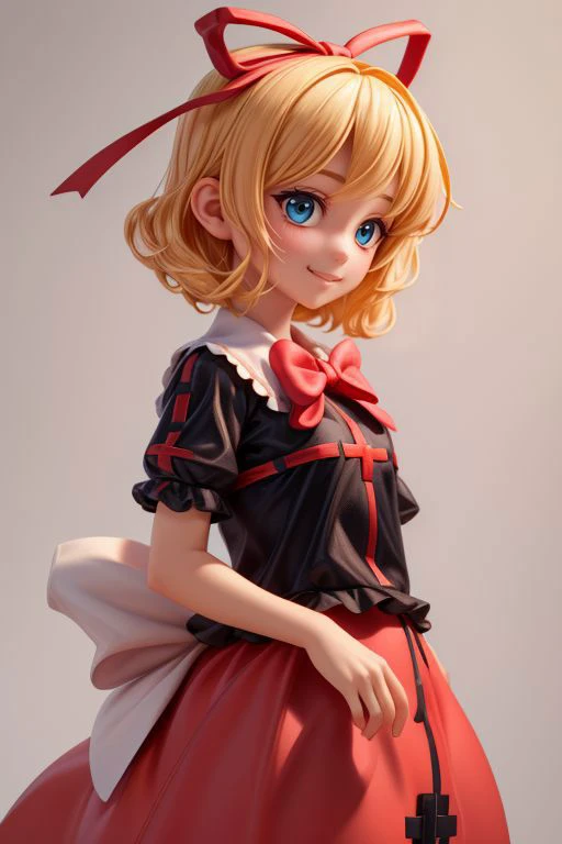 <lora:add_detail:0.75>
(Photorealistic, best quality, masterpiece, high contrast,hd,8k), 1girl,
medicine melancholy, 1girl,smile, blonde hair, short hair,ribbon,blue eyes,black shirt,red skirt,bow,su-san,wings
 <lora:medicine:1>