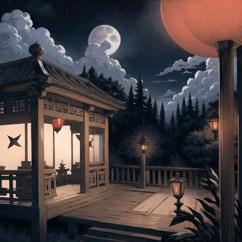 magical tea house, oriental design, hanging lanterns, candlelight lampposts, full moon, clouds, stars, highres, colorful, flat color,