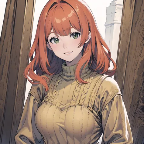 best quality, high detailed, masterpiece, 1girl, green_eyes, orange_hair, bangs, portrait, upper body, sweater, white_collared_shirt, cute, smirk