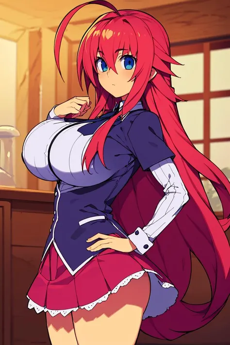 <lora:Sweet_CAT:0.8>,((masterpiece,best quality)), rias gremory, 1girl, long hair, school uniform, red hair, ahoge, blue eyes, large breasts, very long hair, breasts, skirt, huge ahoge, cowboy shot, <lora:rias_gremory_v2:0.6>