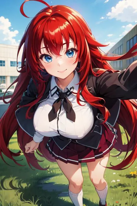 masterpiece, best quality, looking at viewer, closeup portrait, 1girl, solo, smile, rias gremory, standing, long hair, school uniform, red hair, ahoge, blue eyes, large breasts, very long hair, breasts, skirt, huge ahoge, socks, <lora:h_madoka_rias_gremory:0.6>, outdoors, school background