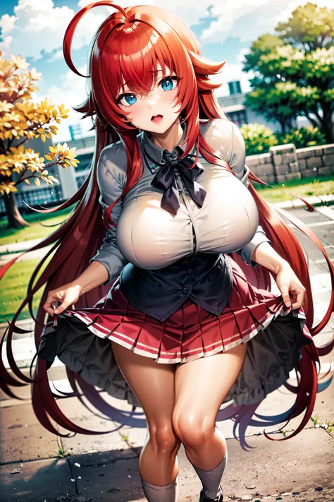 masterpiece, best quality, highres, best quality, highres, rias gremory, 1girl, long hair, school uniform, red hair, ahoge, blue eyes, large breasts, very long hair, breasts, skirt, huge ahoge, socks, <lora:rias_gremory_v2:0.6>, standing, outdoors,