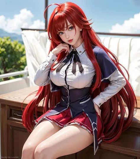 (8k, RAW photo, photorealistic:1.25), masterpiece, best quality, highres, rias gremory, 1girl, long hair, school uniform, red hair, ahoge, blue eyes, large breasts, very long hair, breasts, skirt, huge ahoge, socks,outdoors, (standing:1.2), spread legs, (skirt lift:1.3), (thong:1.2), smile,<lora:riasGremoryHighSchool_v1:0.7>