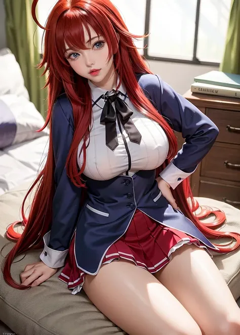 masterpiece, best quality, highres, best quality, highres, rias gremory, 1girl, long hair, school uniform, red hair, ahoge, blue eyes, large breasts, very long hair, breasts, skirt, huge ahoge, socks, <lora:riasGremoryHighSchool_v1:0.7>